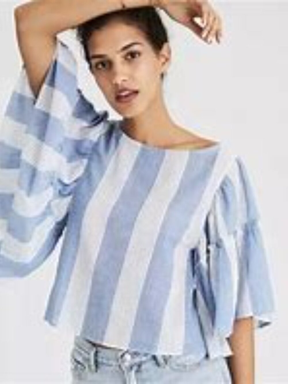 AE Ruffle Bell Top Women's Blue & White Stripe Size XS Cotton Costal Breezy